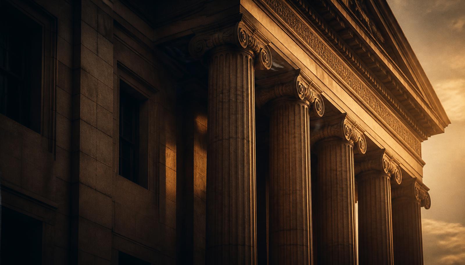 Classical stone columns of a heritage institution at golden hour
